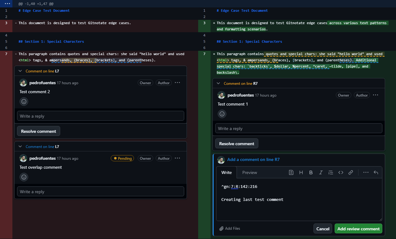 Gitnotate browser extension showing sub-line highlights and comments on a GitHub PR diff